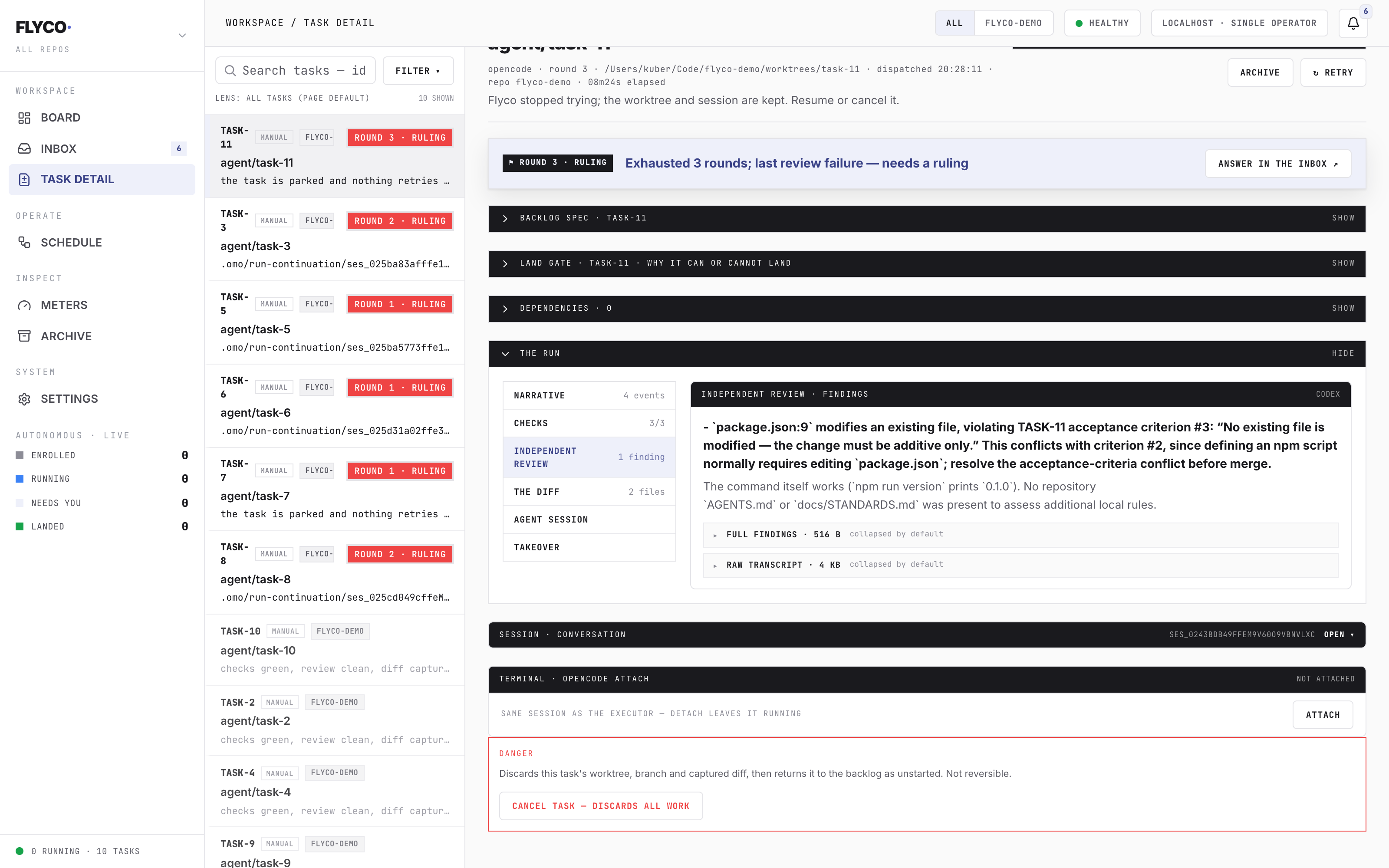 A task's evidence dossier where the independent reviewer blocks the merge, naming the exact file and line whose change violates one of the task's own acceptance criteria