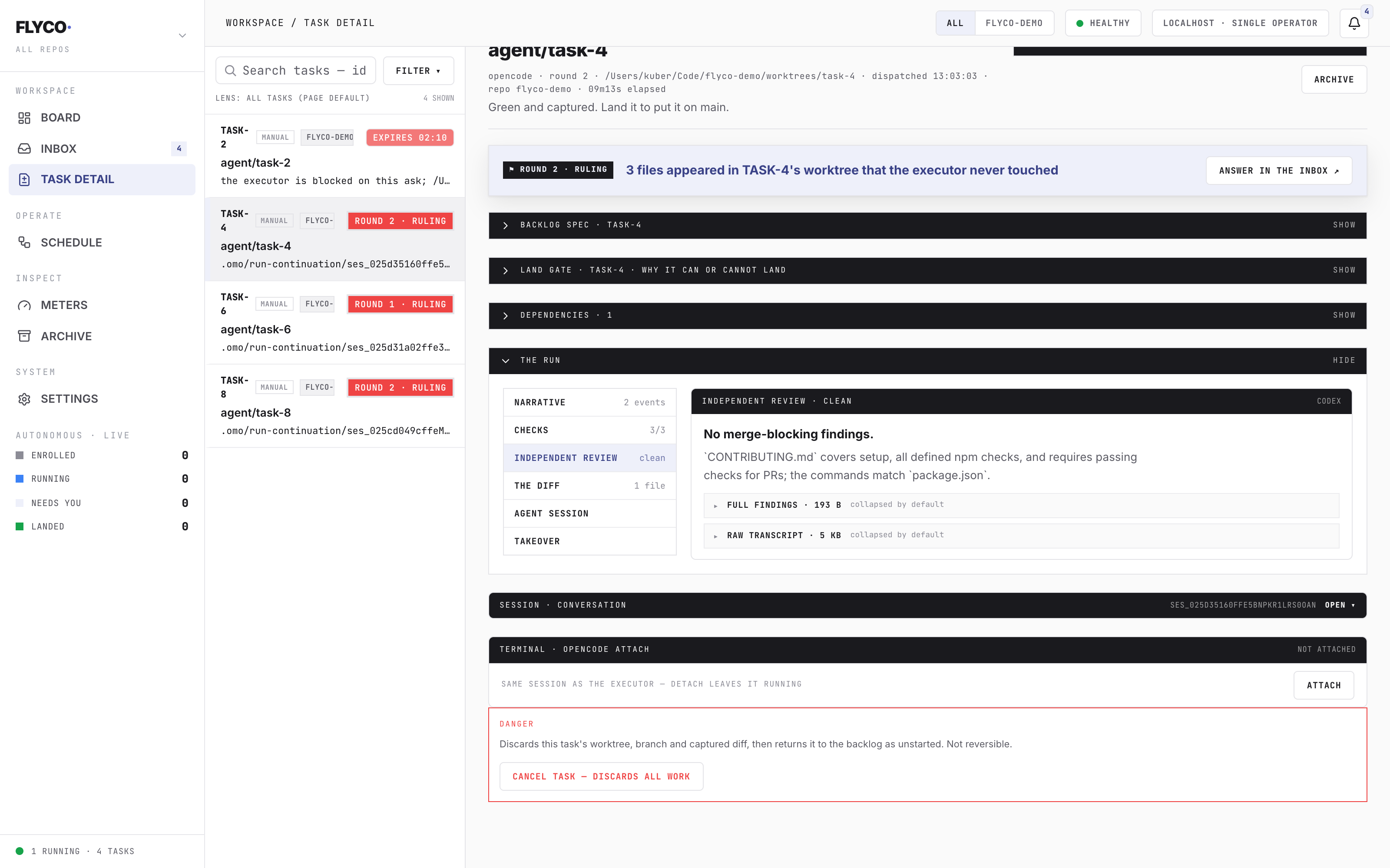 The same review pipeline passing a task cleanly: checks green, boot smoke passed, independent review clean